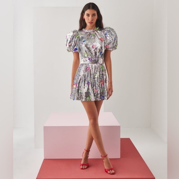 CeliaB Silver Sequin Mini Dress with Floral Accents - Picture 3 of 15